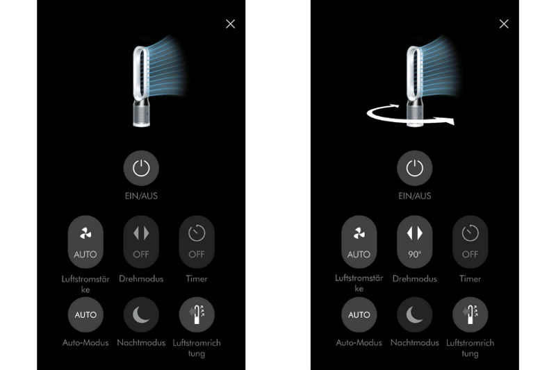 Das Interface zur Steuerung des Dyson Pure Cool TP04 Luftreinigers in der Dyson Link App. Alle Steuerungsmöglichkeiten sind enthalten und der Luftreiniger zeigt bildlich an, was er tut. Außerdem kannst Du den Winkel der Rotationsbewegung separat einstellen.